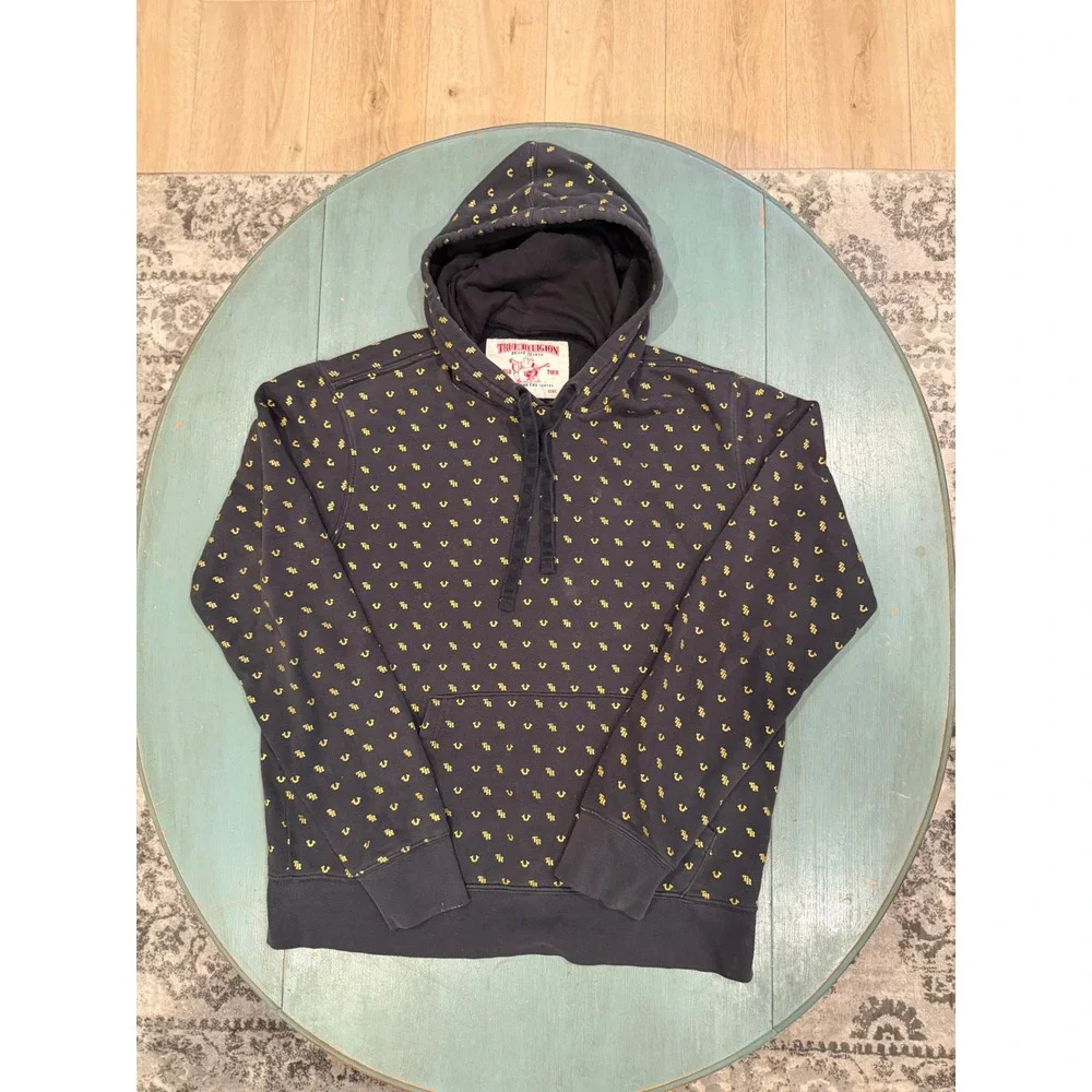 True Religion Mens Monogram Horseshoe Logo Hoodie Navy Yellow Large MD41809085